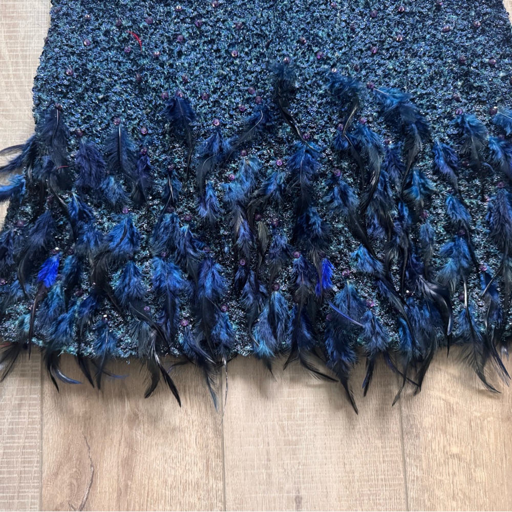Elie Tahari Lyra Shift Dress Teal-Blue Sleeveless Feather Hem Mini Dress Luxury - Picture 9 of 11